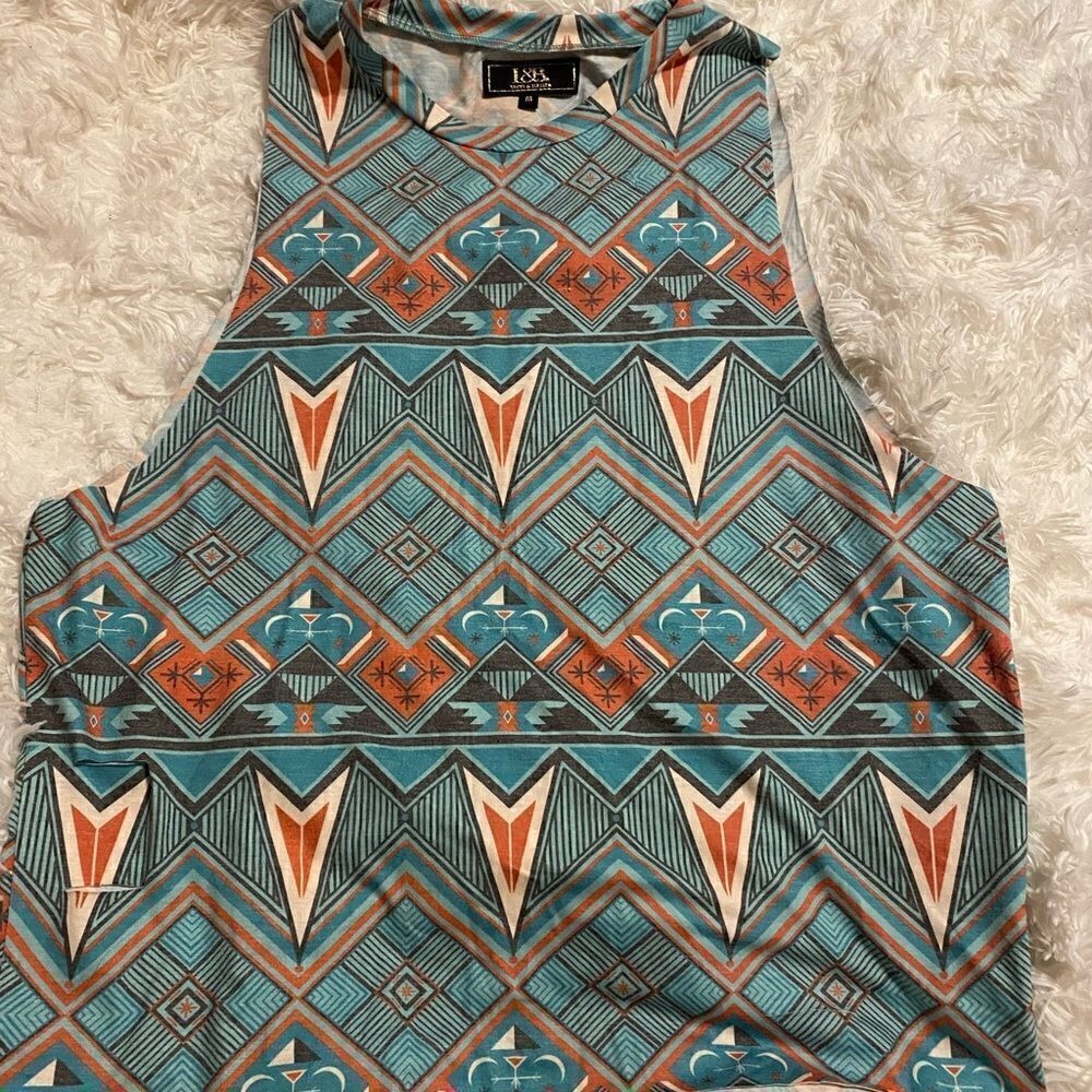 L&B Lucky & Blessed Women’s Medium Cutoff Sleeve Aztec Ripped Shirt